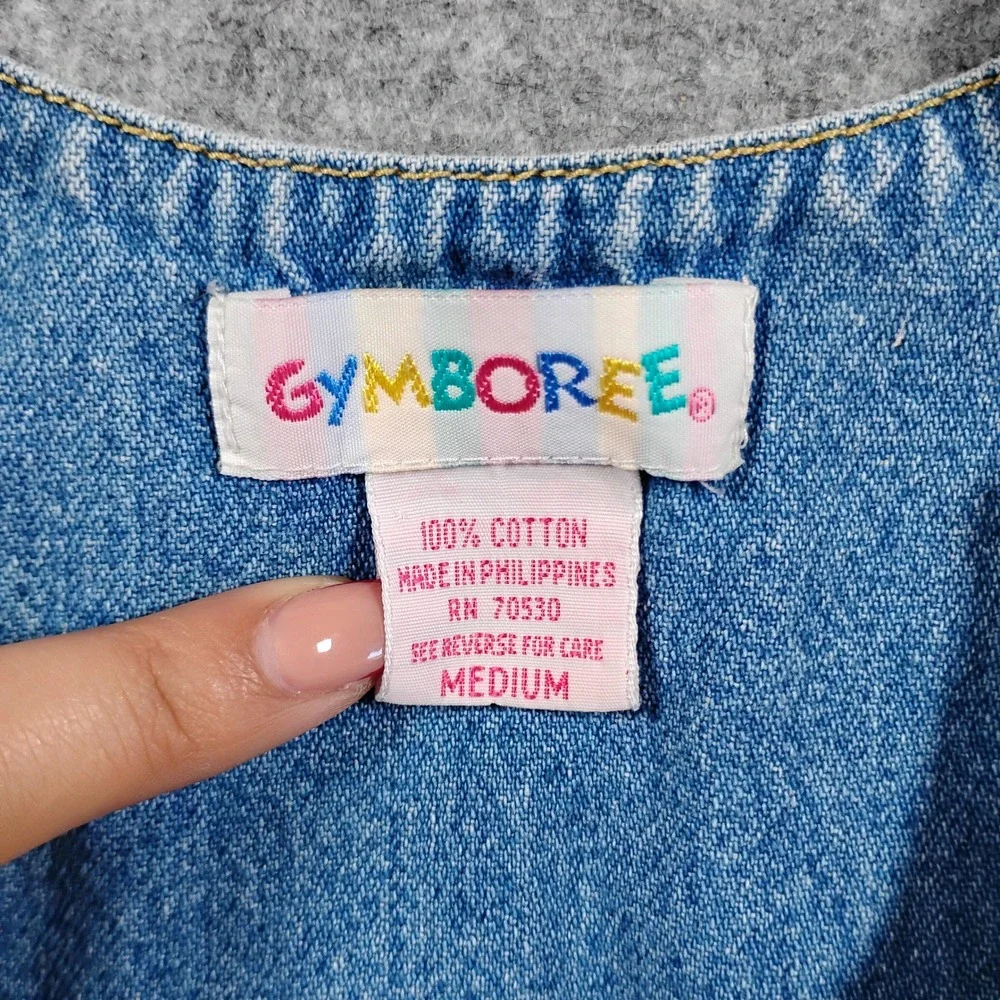 Gymboree Vintage 90s Kids Blue Denim Floral Embroidered Tiered‎ Jumper Dress M
